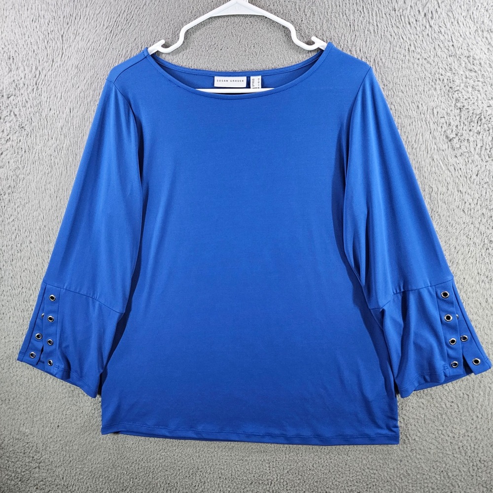 Susan Graver Royal Blue Liquid Knit Grommet 3/4 Bell Sleeve Top Womens Medium
